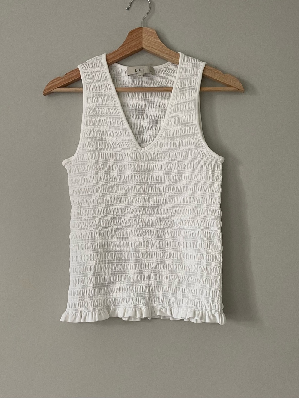 LOFT White Smocked V-Neck Ruffle-Hem Tank Petite